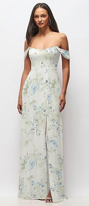 off-the-shoulder basque neck maxi dress with flounce sleeves