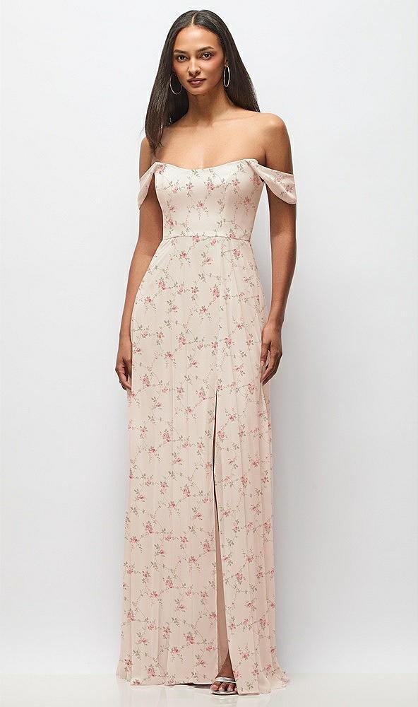 off-the-shoulder basque neck maxi dress with flounce sleeves