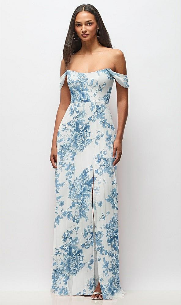 off-the-shoulder basque neck maxi dress with flounce sleeves