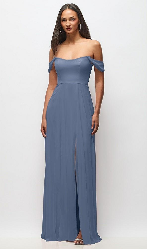 off-the-shoulder basque neck maxi dress with flounce sleeves