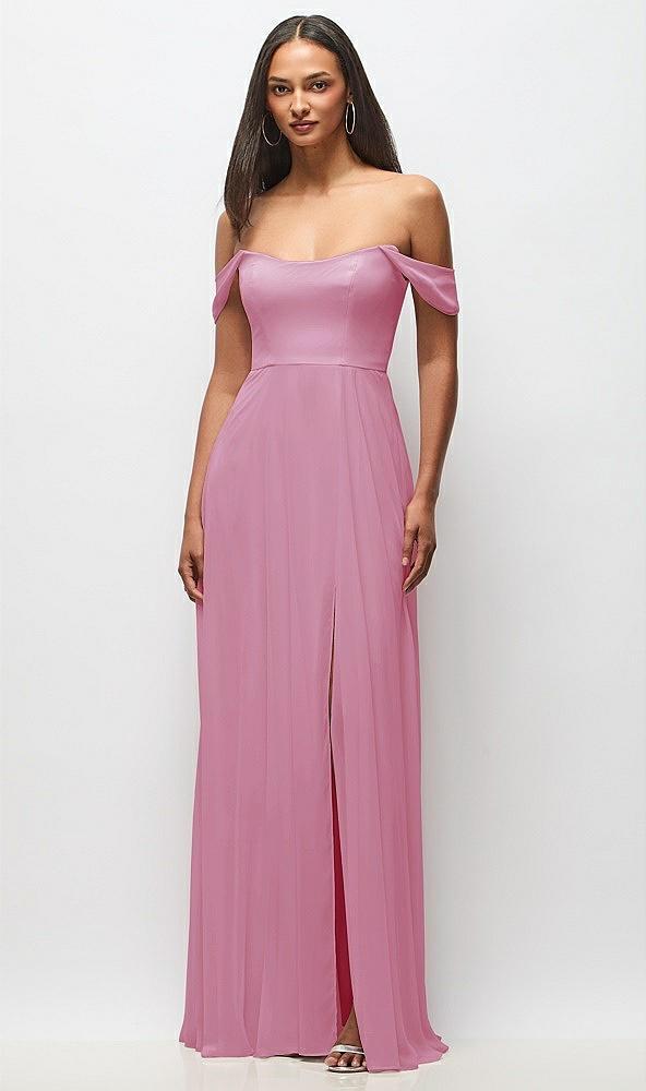 off-the-shoulder basque neck maxi dress with flounce sleeves
