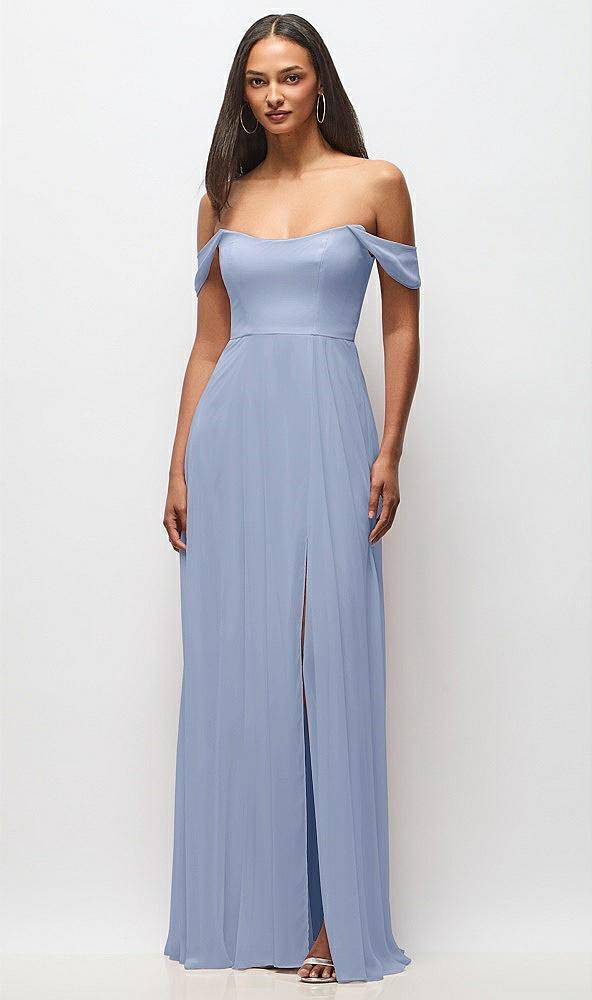 off-the-shoulder basque neck maxi dress with flounce sleeves
