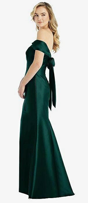 off-the-shoulder bow-back satin trumpet gown