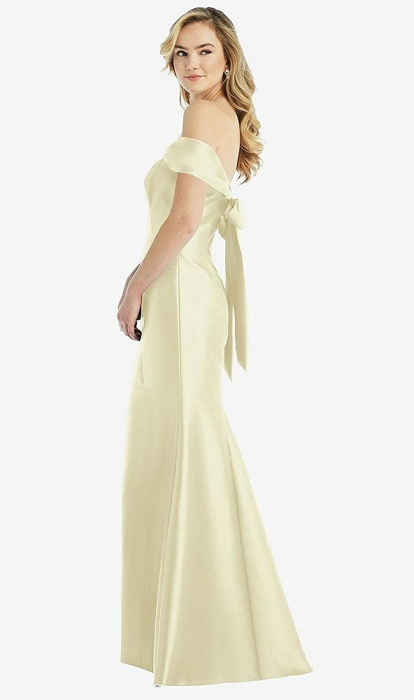 off-the-shoulder bow-back satin trumpet gown