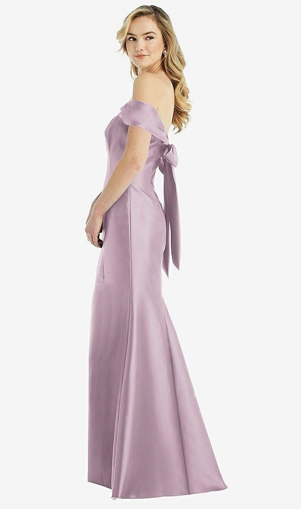 off-the-shoulder bow-back satin trumpet gown