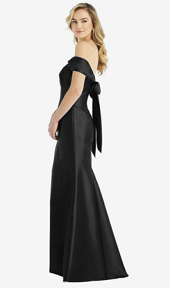 off-the-shoulder bow-back satin trumpet gown