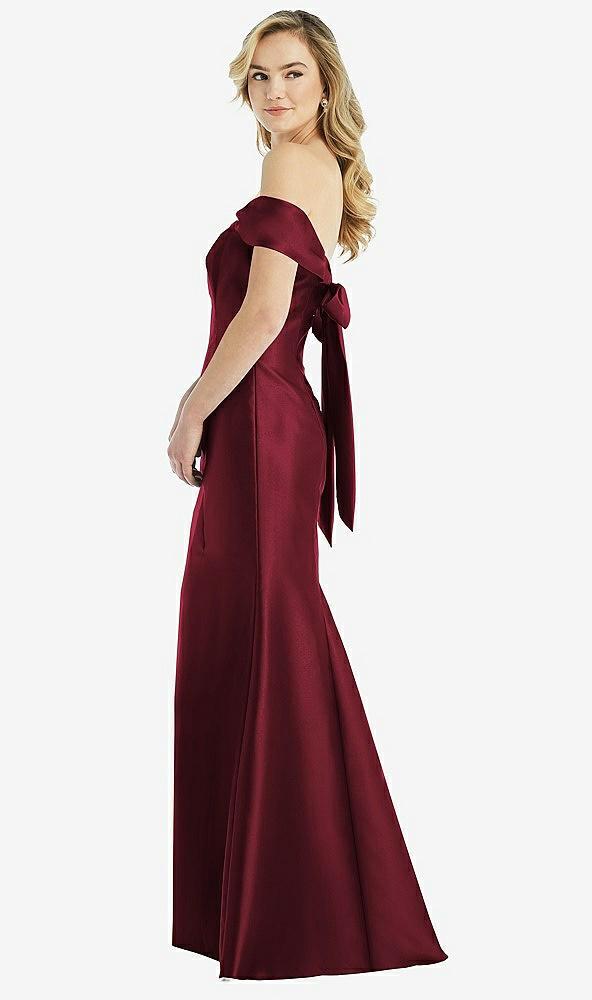 off-the-shoulder bow-back satin trumpet gown