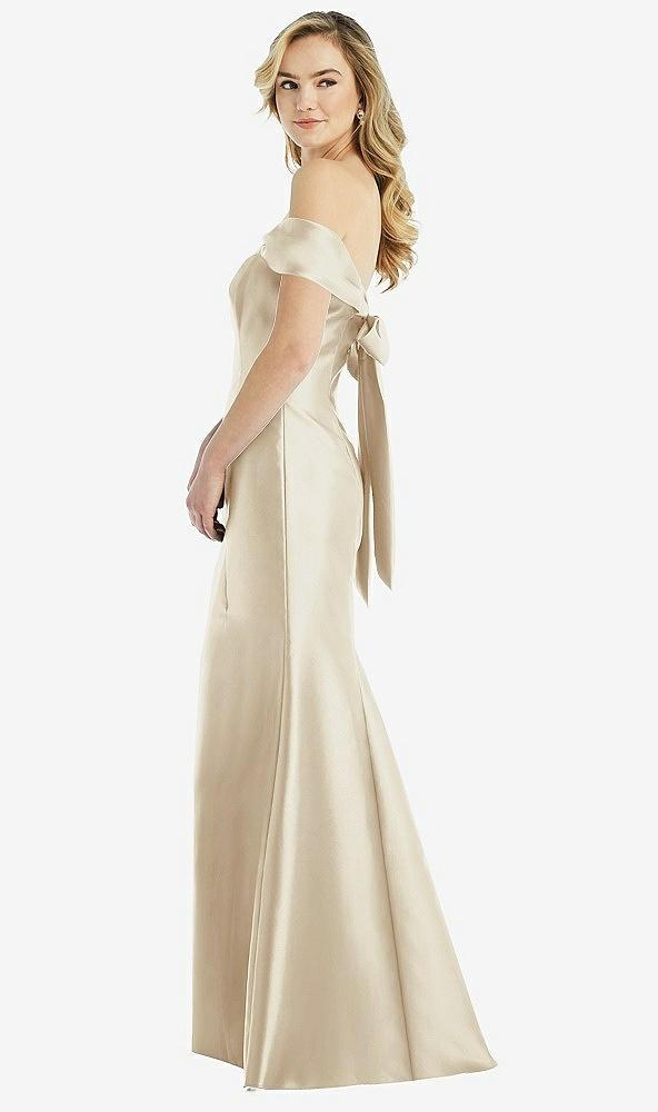 off-the-shoulder bow-back satin trumpet gown