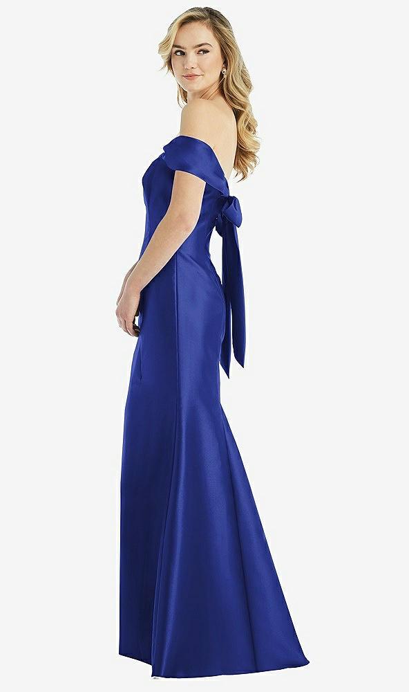 off-the-shoulder bow-back satin trumpet gown