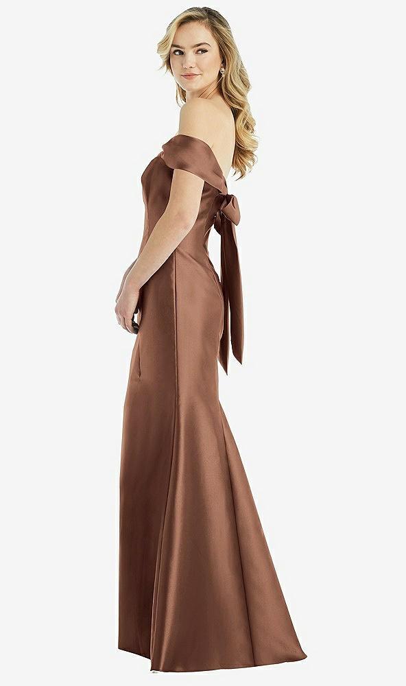 off-the-shoulder bow-back satin trumpet gown
