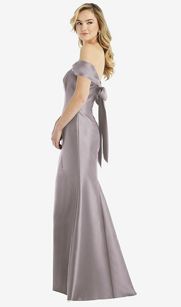 off-the-shoulder bow-back satin trumpet gown