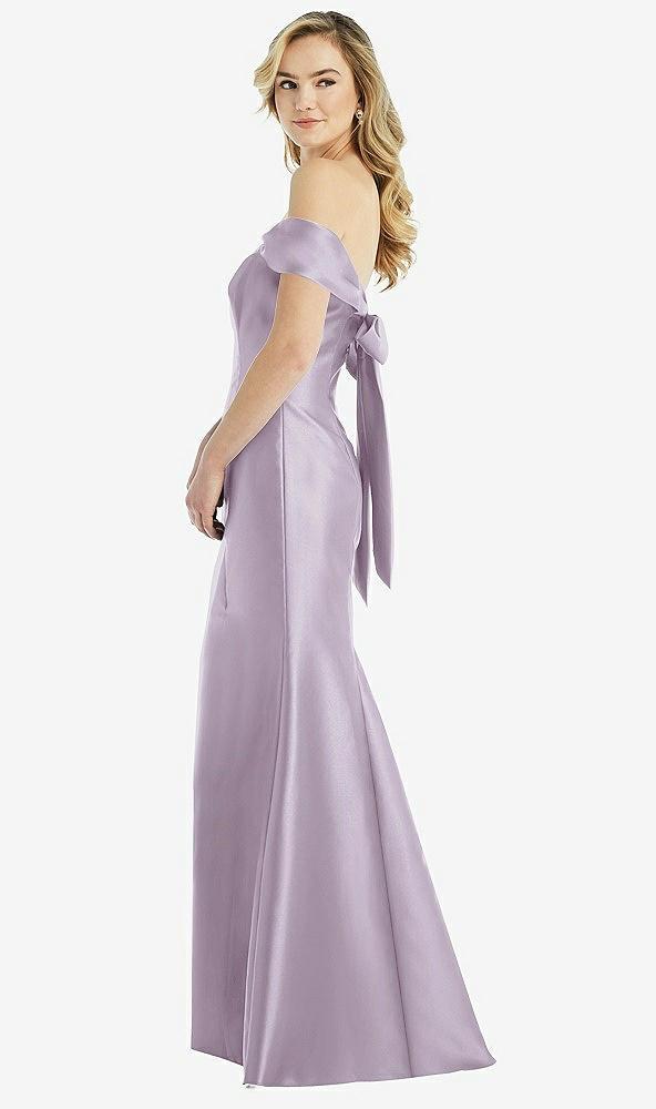 off-the-shoulder bow-back satin trumpet gown