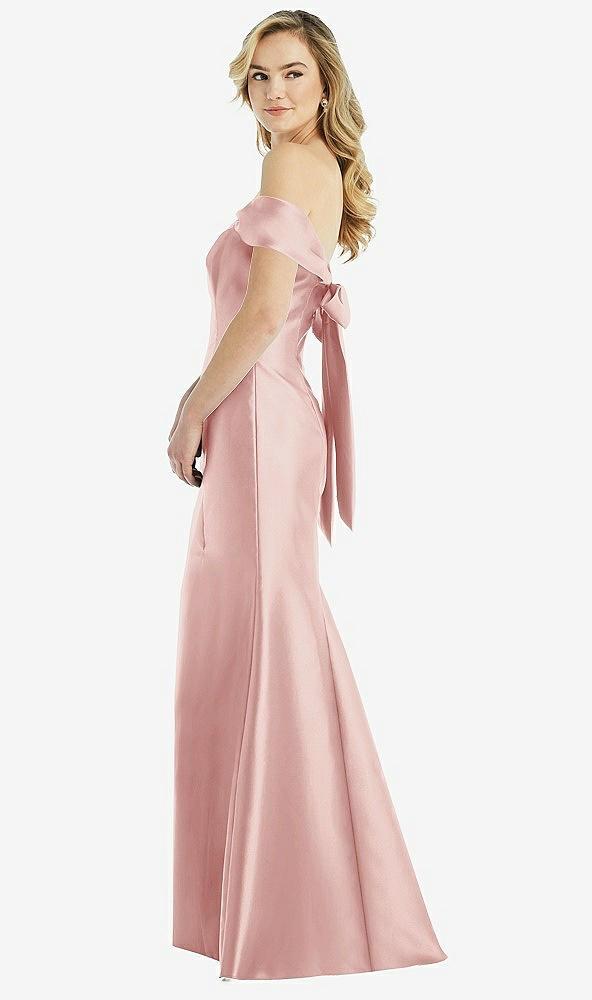off-the-shoulder bow-back satin trumpet gown