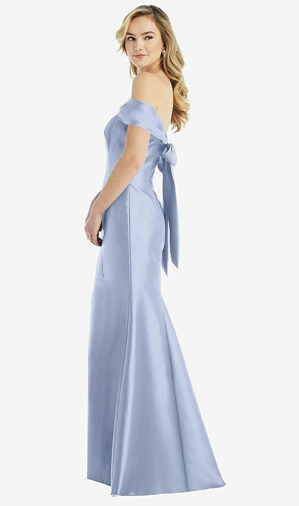 off-the-shoulder bow-back satin trumpet gown