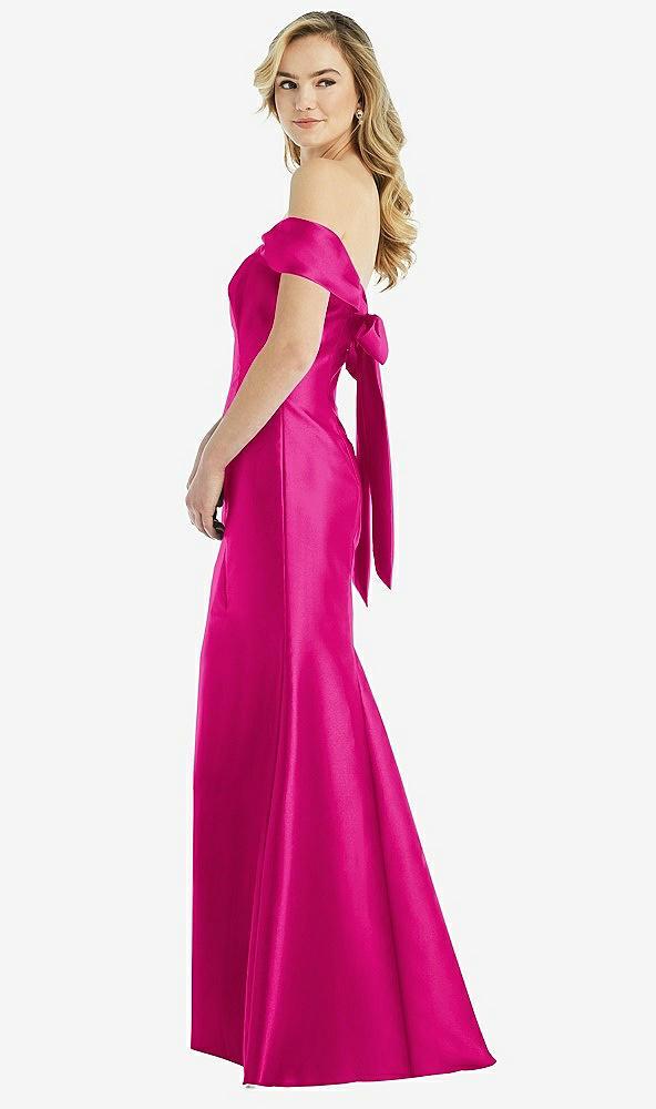 off-the-shoulder bow-back satin trumpet gown