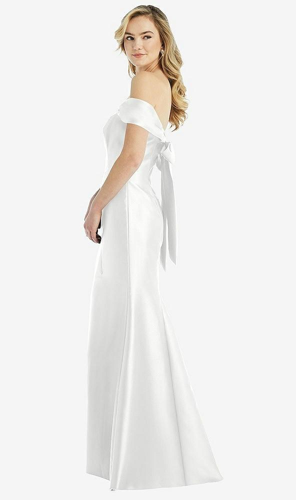 off-the-shoulder bow-back satin trumpet gown