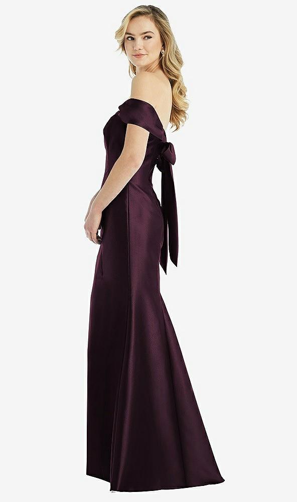 off-the-shoulder bow-back satin trumpet gown