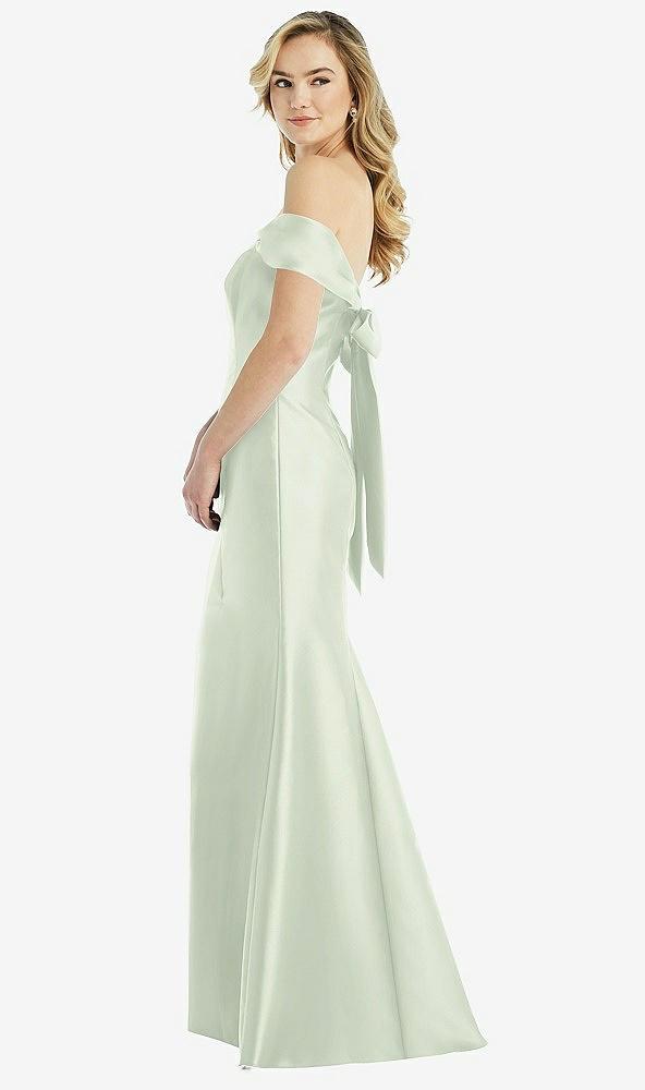 off-the-shoulder bow-back satin trumpet gown