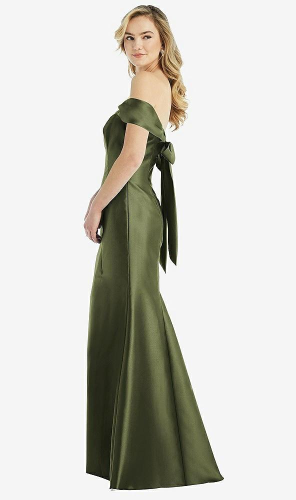 off-the-shoulder bow-back satin trumpet gown