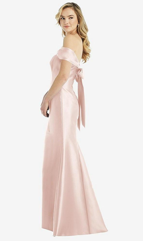 off-the-shoulder bow-back satin trumpet gown