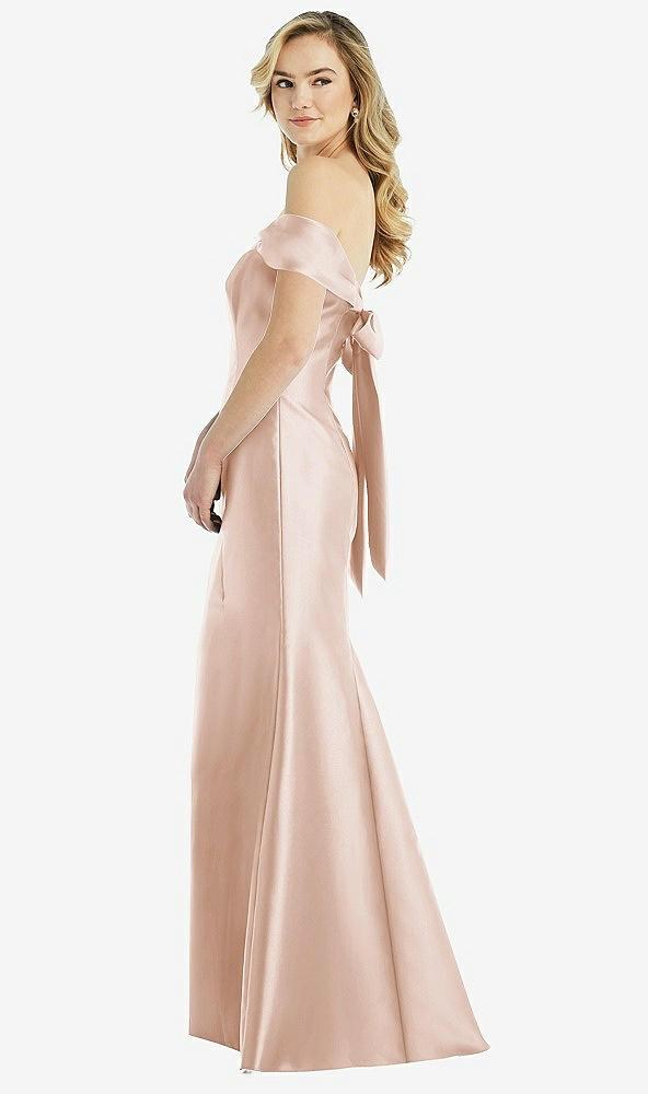 off-the-shoulder bow-back satin trumpet gown