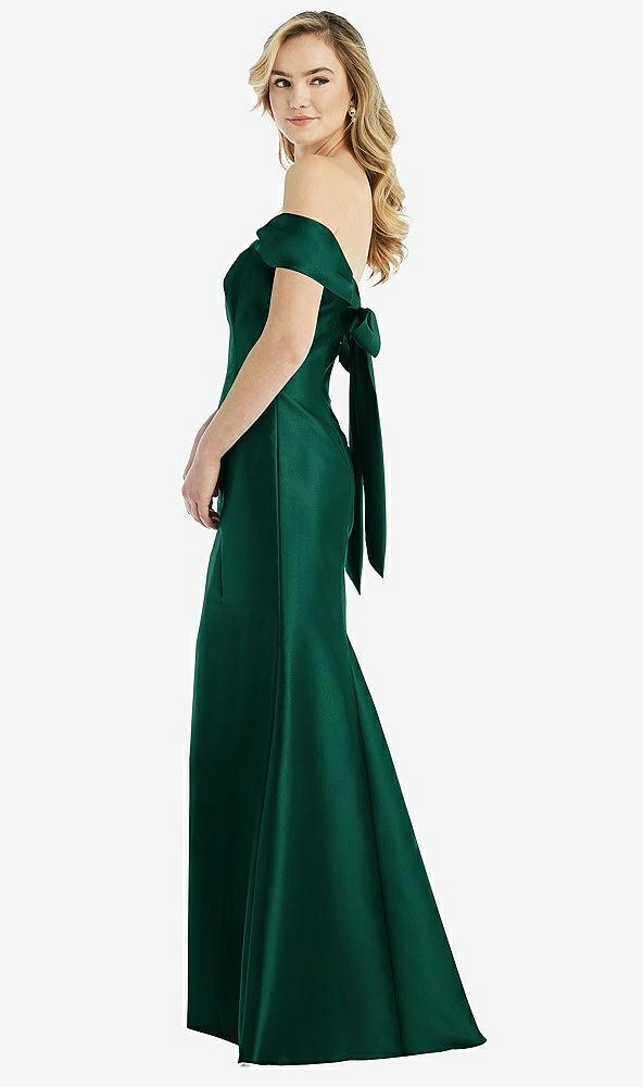 off-the-shoulder bow-back satin trumpet gown