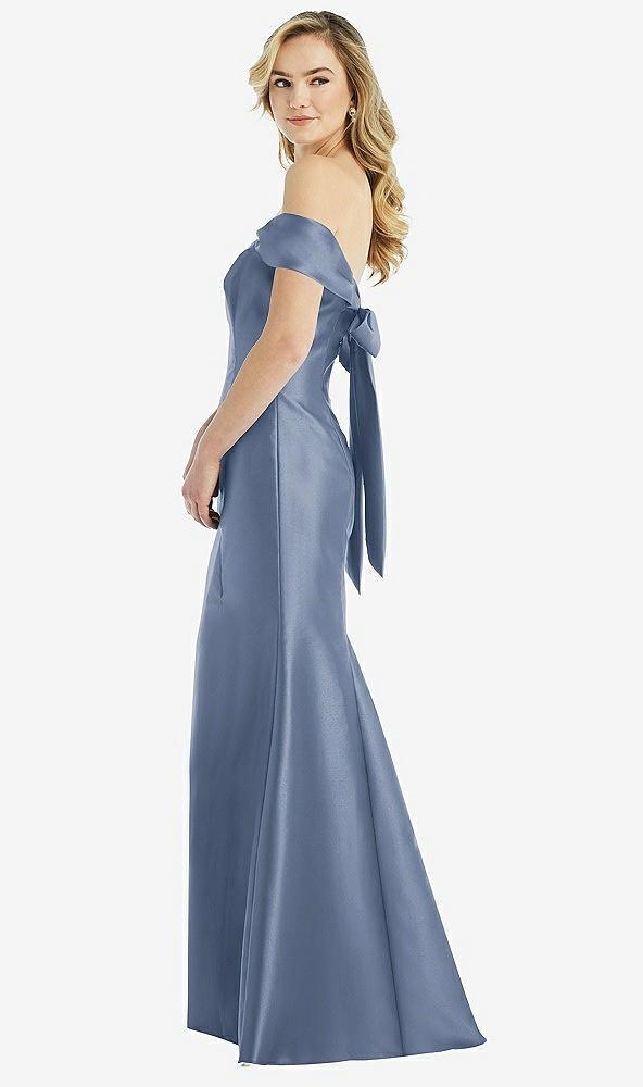 off-the-shoulder bow-back satin trumpet gown