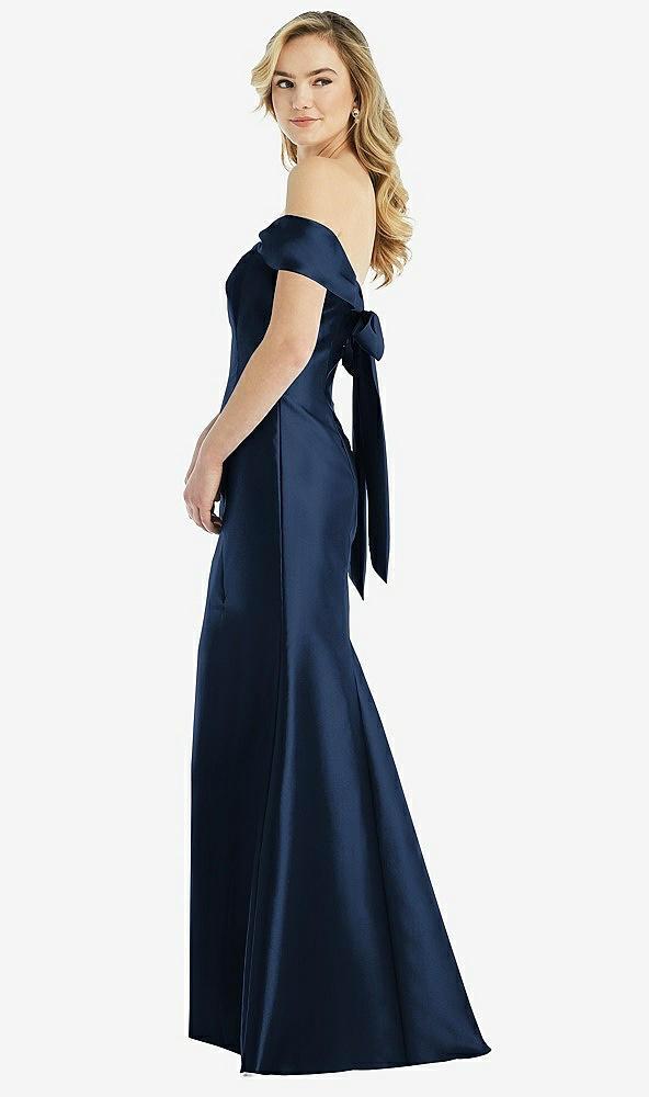 off-the-shoulder bow-back satin trumpet gown