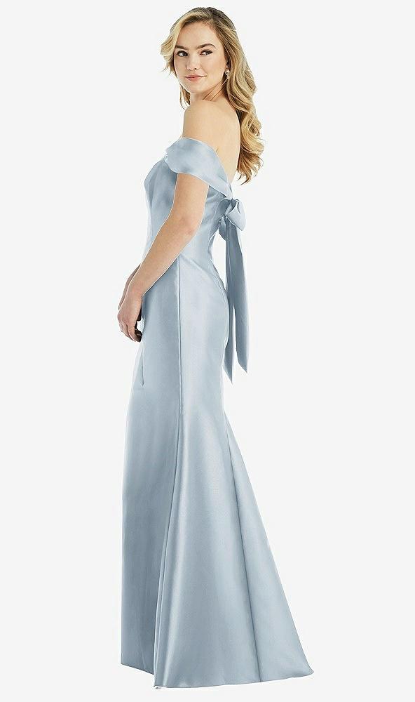 off-the-shoulder bow-back satin trumpet gown
