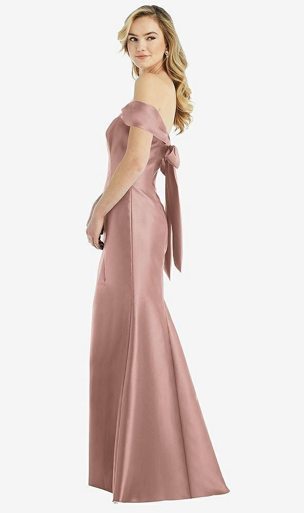 off-the-shoulder bow-back satin trumpet gown