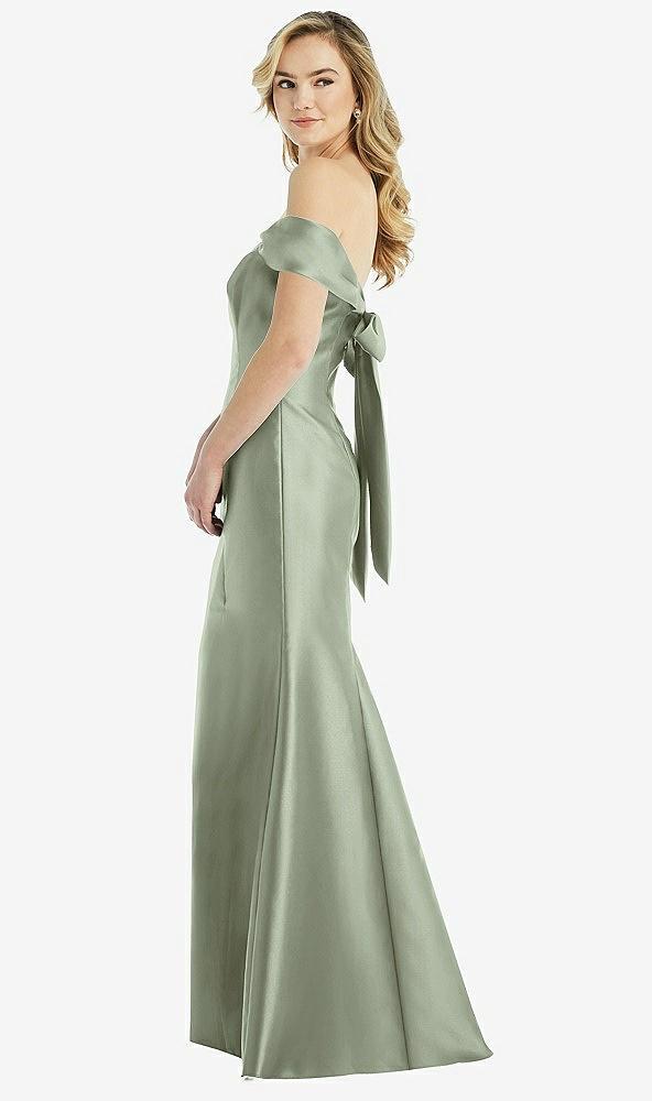 off-the-shoulder bow-back satin trumpet gown