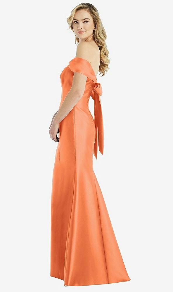 off-the-shoulder bow-back satin trumpet gown