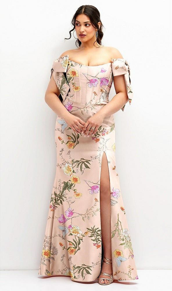 off-the-shoulder bow floral satin corset dress with fit and flare skirt