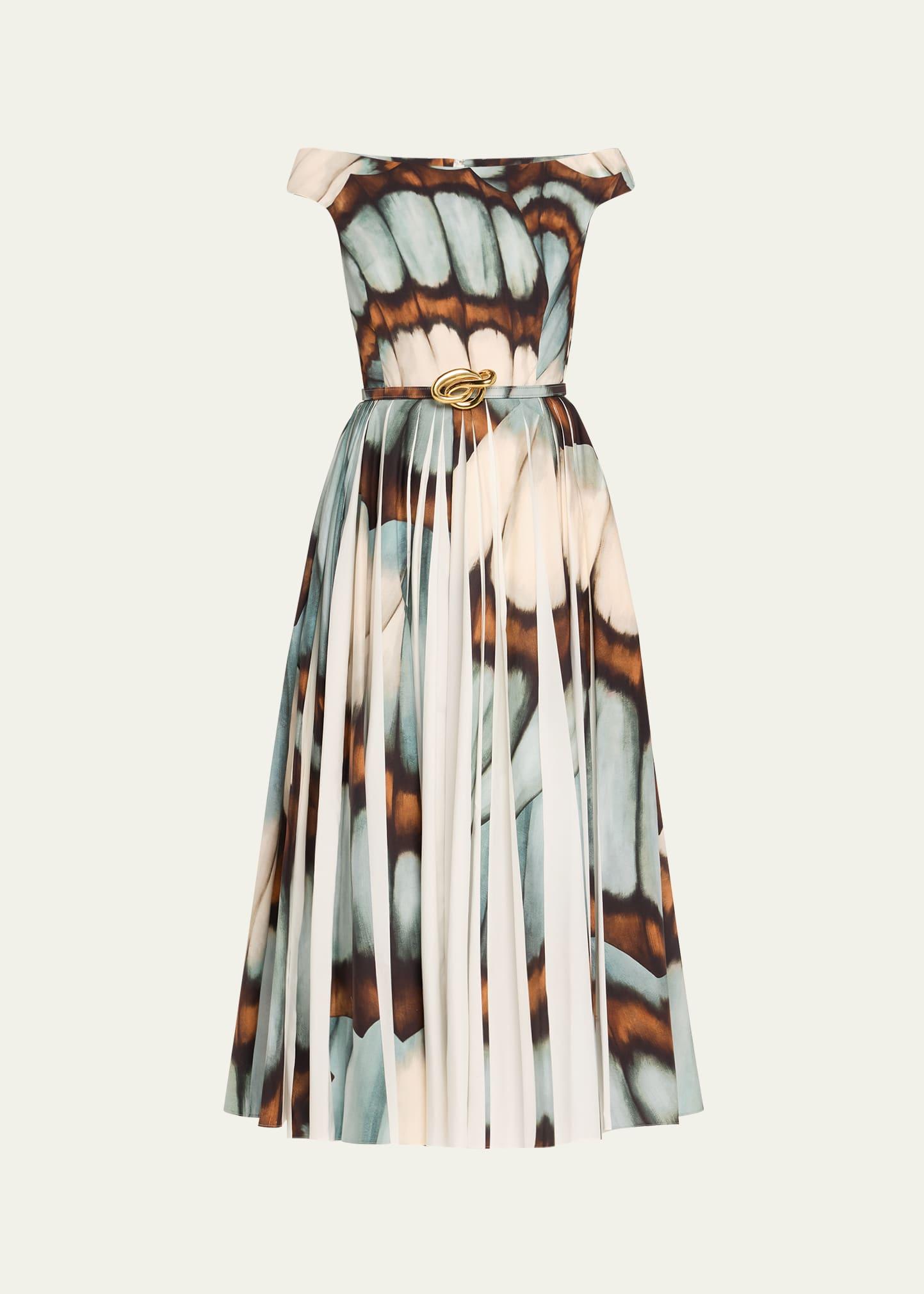off-the-shoulder butterfly poplin pleated midi dress with belt