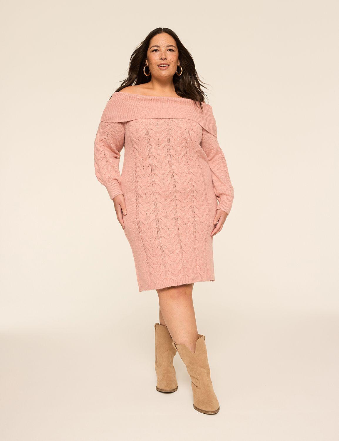 off-the-shoulder cable knit sweater dress