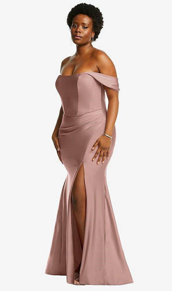 off-the-shoulder corset stretch satin mermaid dress with slight train