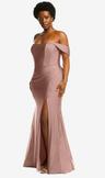 off-the-shoulder corset stretch satin mermaid dress with slight train