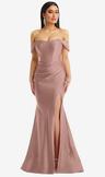 off-the-shoulder corset stretch satin mermaid dress with slight train