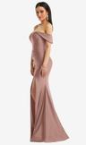 off-the-shoulder corset stretch satin mermaid dress with slight train