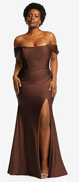 off-the-shoulder corset stretch satin mermaid dress with slight train