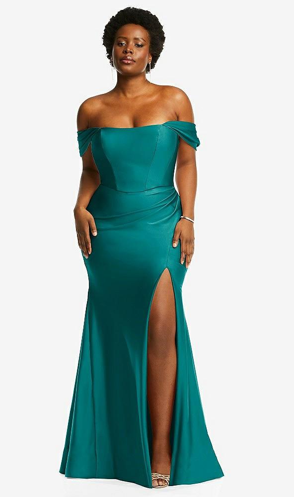 off-the-shoulder corset stretch satin mermaid dress with slight train
