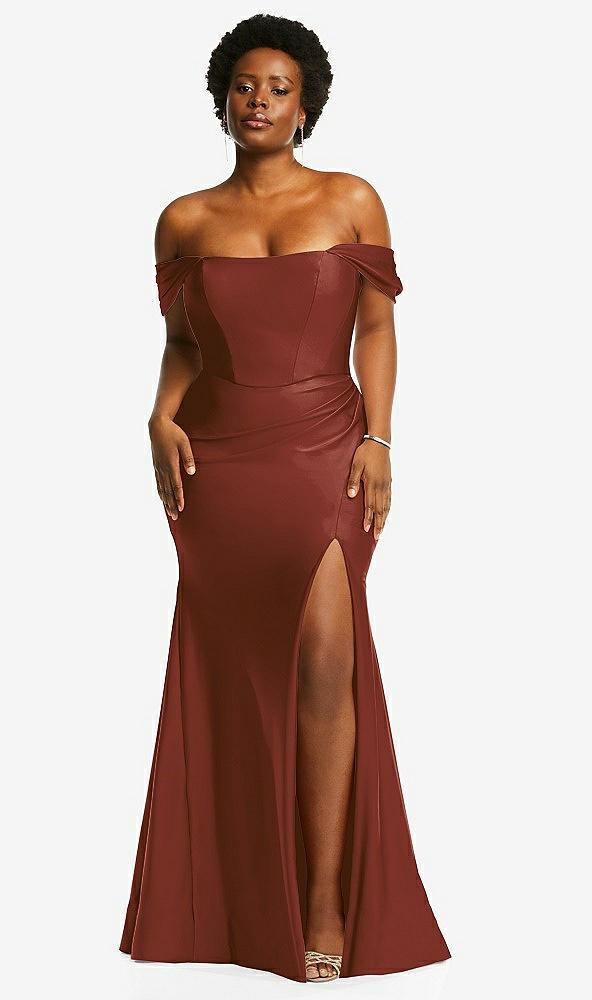 off-the-shoulder corset stretch satin mermaid dress with slight train