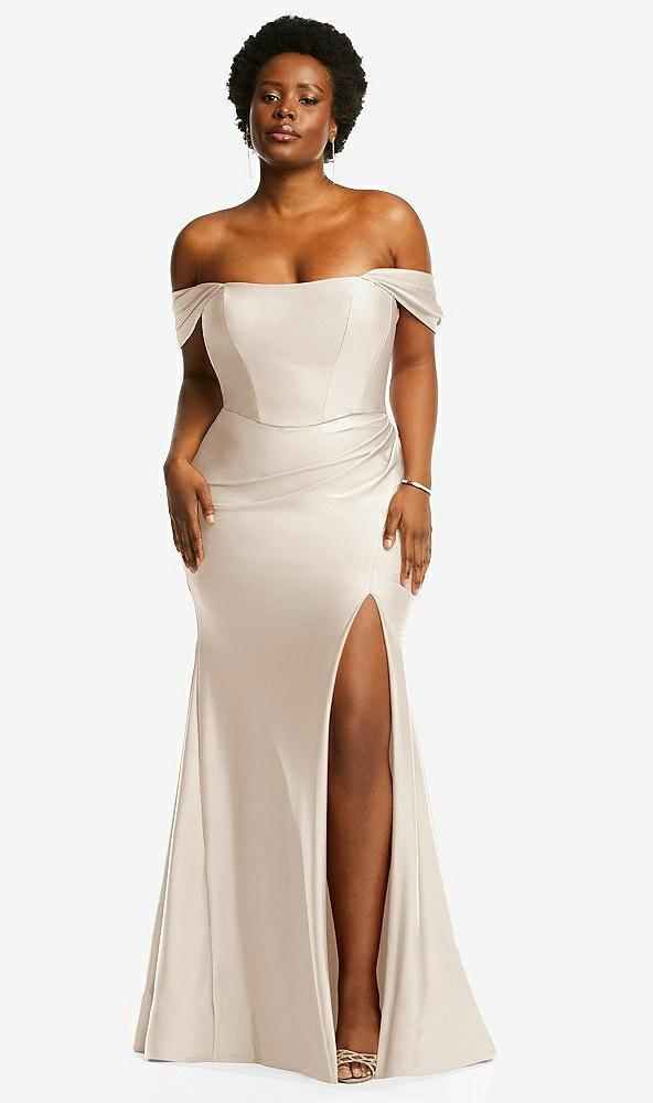 off-the-shoulder corset stretch satin mermaid dress with slight train