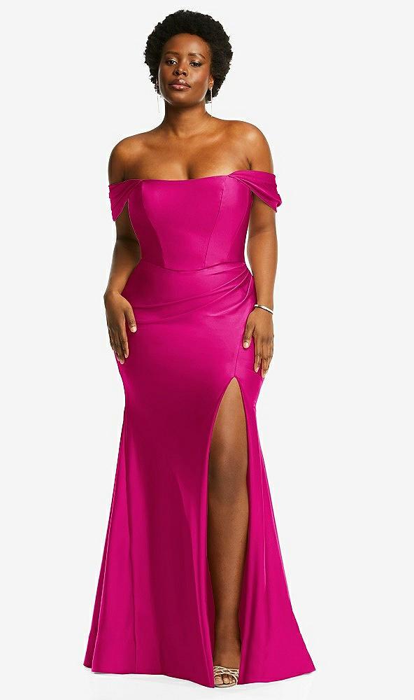 off-the-shoulder corset stretch satin mermaid dress with slight train