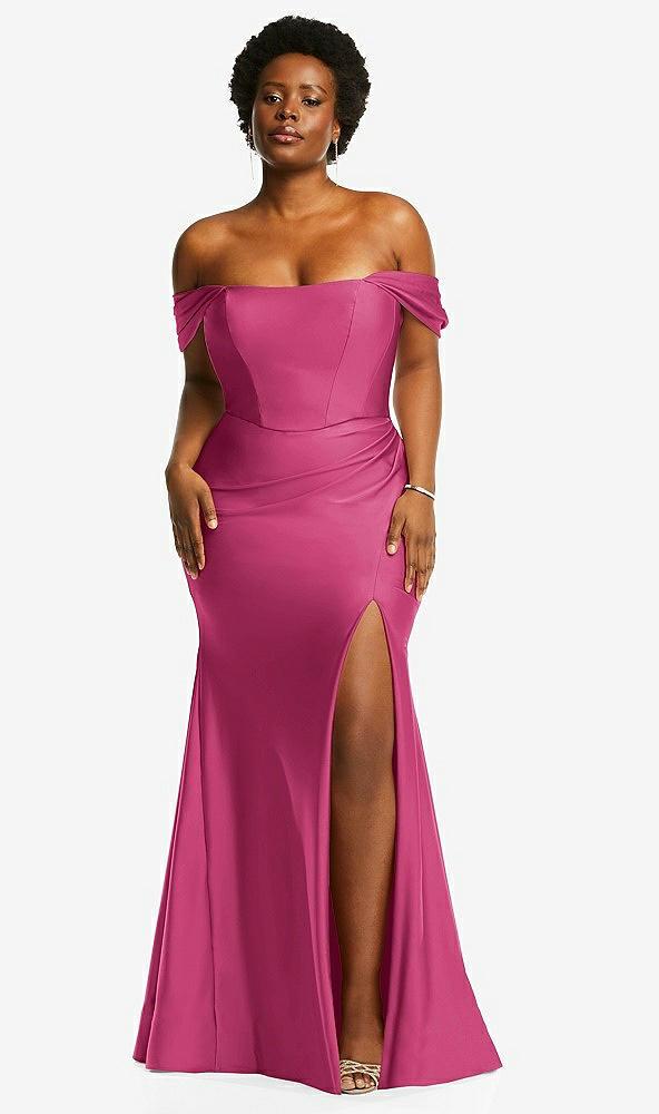 off-the-shoulder corset stretch satin mermaid dress with slight train
