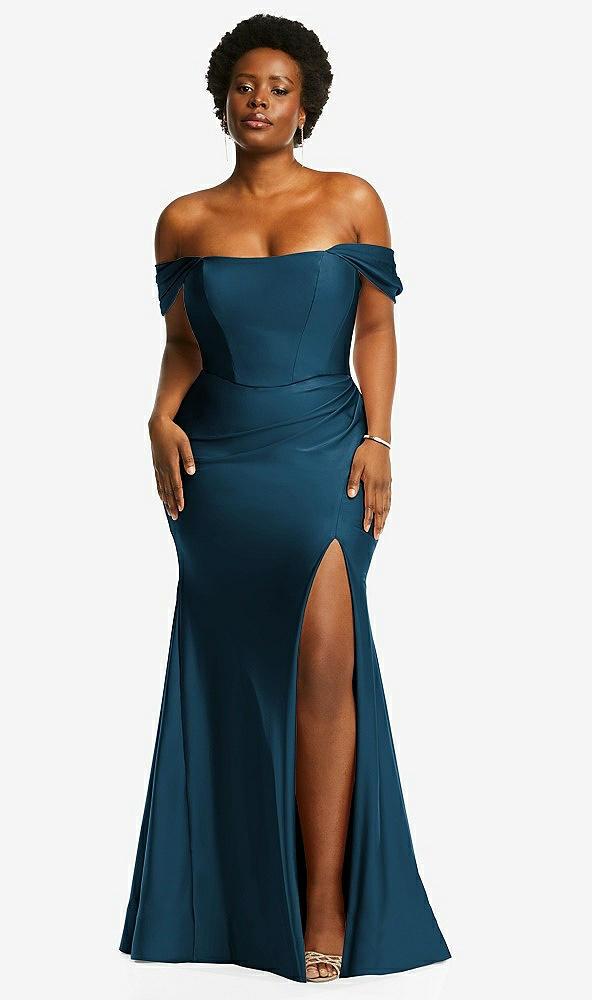 off-the-shoulder corset stretch satin mermaid dress with slight train