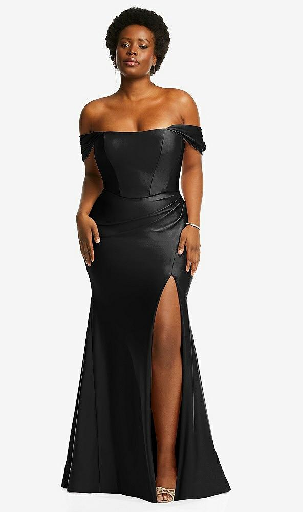 off-the-shoulder corset stretch satin mermaid dress with slight train