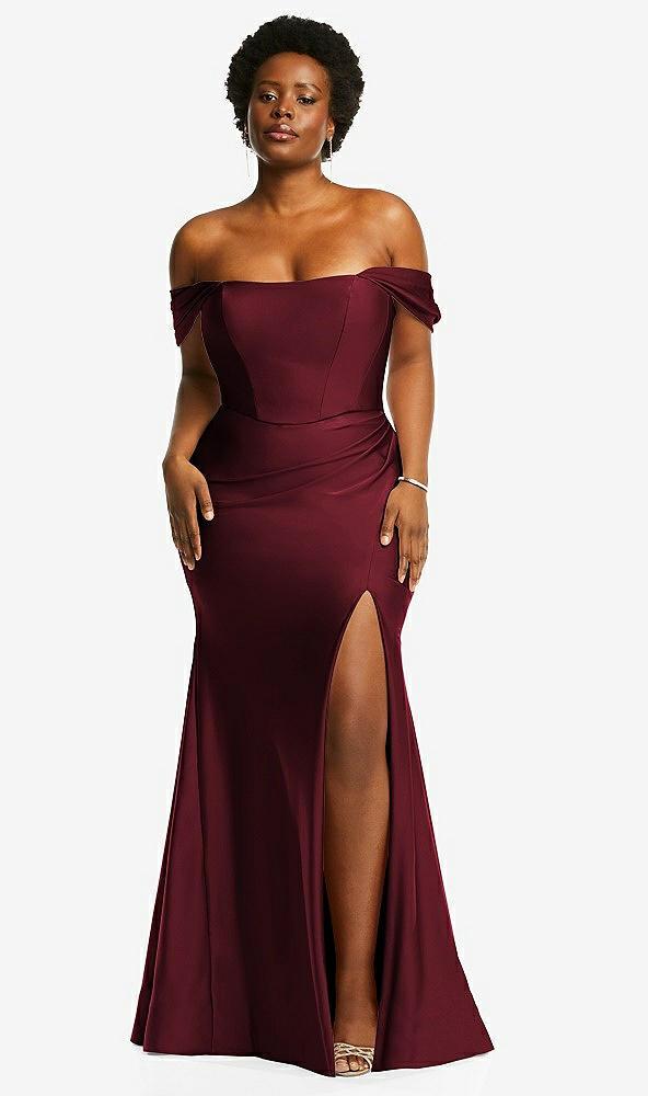 off-the-shoulder corset stretch satin mermaid dress with slight train