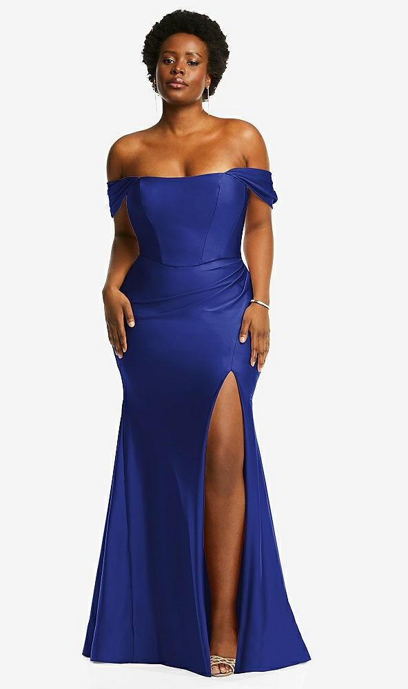 off-the-shoulder corset stretch satin mermaid dress with slight train