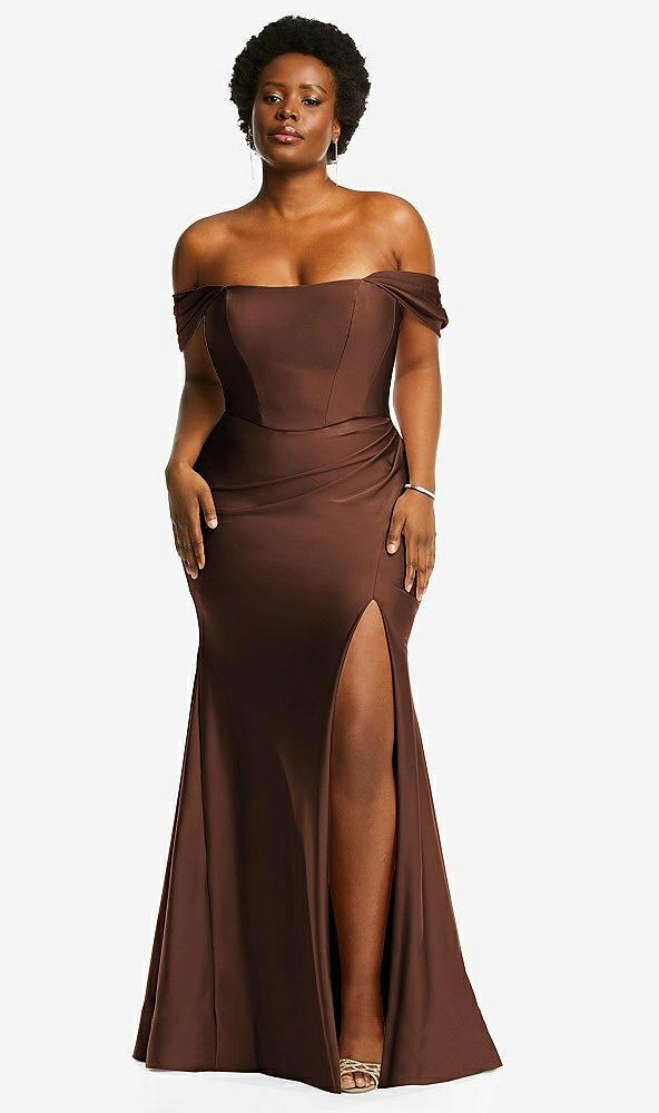 off-the-shoulder corset stretch satin mermaid dress with slight train